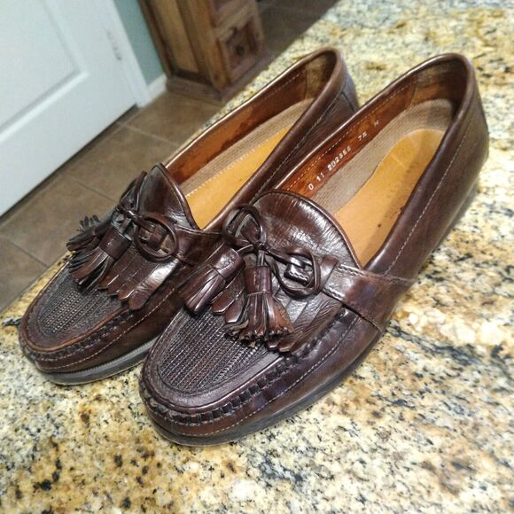 Johnston & Murphy Mens 7.5 M Brown Italian Leather Tassle Weave Loafers Shoes - Picture 4 of 12